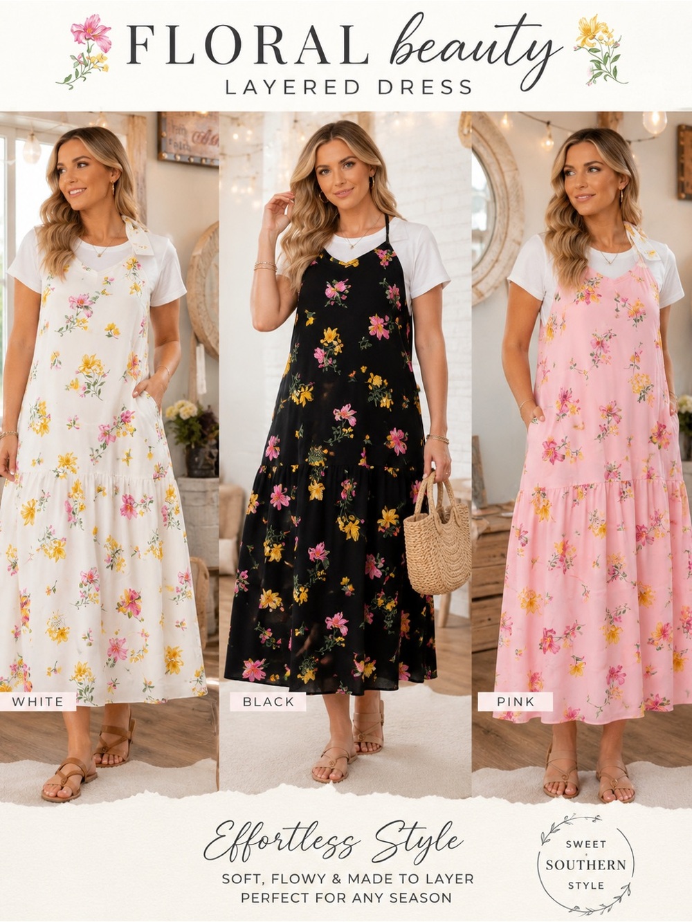 American Rag Floral Layered Maxi Dress - White, Black, Pink
